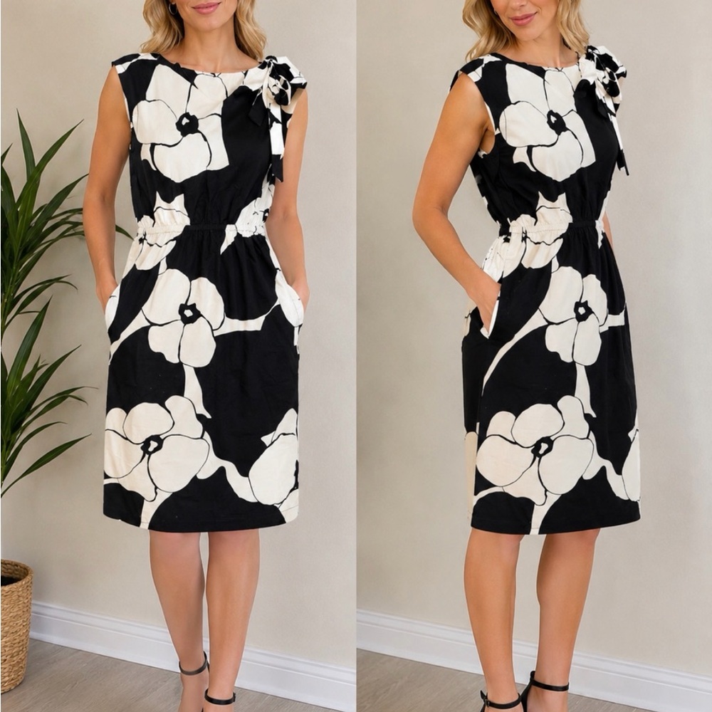 Marc Jacobs Black and White Floral Bow-Shoulder Sleeveless Dress